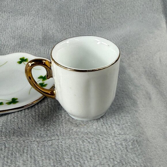 Shamrock Clover Pattern MINIATURE Creamer Cup & Saucer Set Gold Tone Trim - Picture 12 of 16